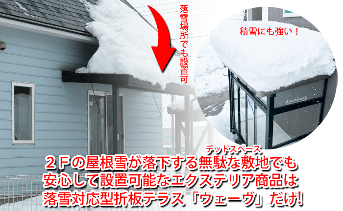 ２Ｆの屋根雪が落下する無駄な敷地（デッドスペース）でも安心して設置可能なエクステリア商品は、落雪対応型折板テラス「ウェーヴ」だけ！